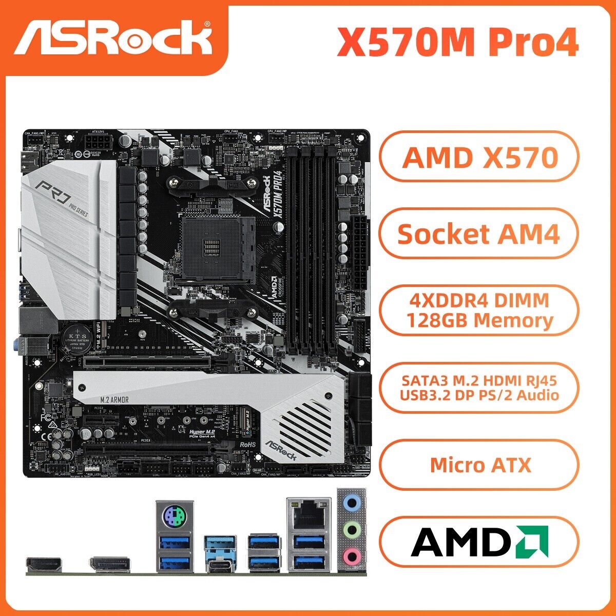 ASRock X570M Pro4 Motherboard M-ATX AMD X570 AM4 DDR4 SATA3 HDMI DP M.2 Audio