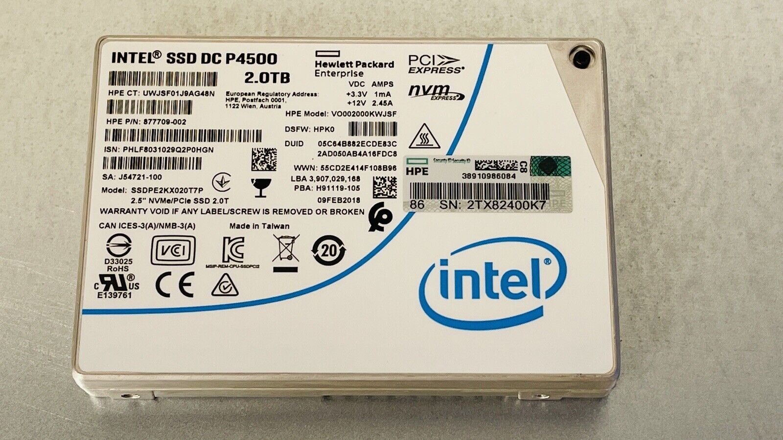 HPE Intel DC P4500 2TB NVMe U.2 x4 RI 2.5 DS Solid State Drive 100% 0.5 DWPD