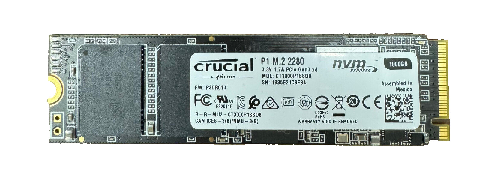 CRUCIAL P1 M.2 NVMe 2280 SSD 1TB CT1000P1SSD8 PCIe GEN3 X4