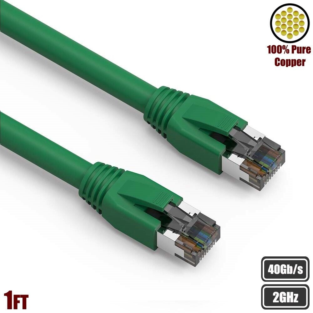 1FT Cat8 RJ45 Network LAN Ethernet S/FTP Patch Cable Copper 2GHz 40Gbps Green