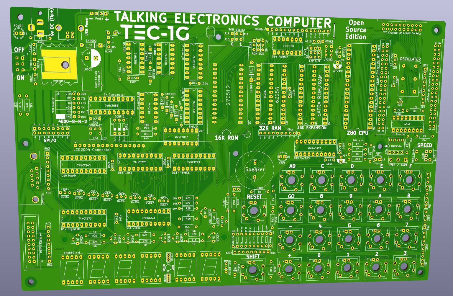 TEC-1G Z80 Single Board Computer PCB (Green) + Power Switch + 8Bar LED