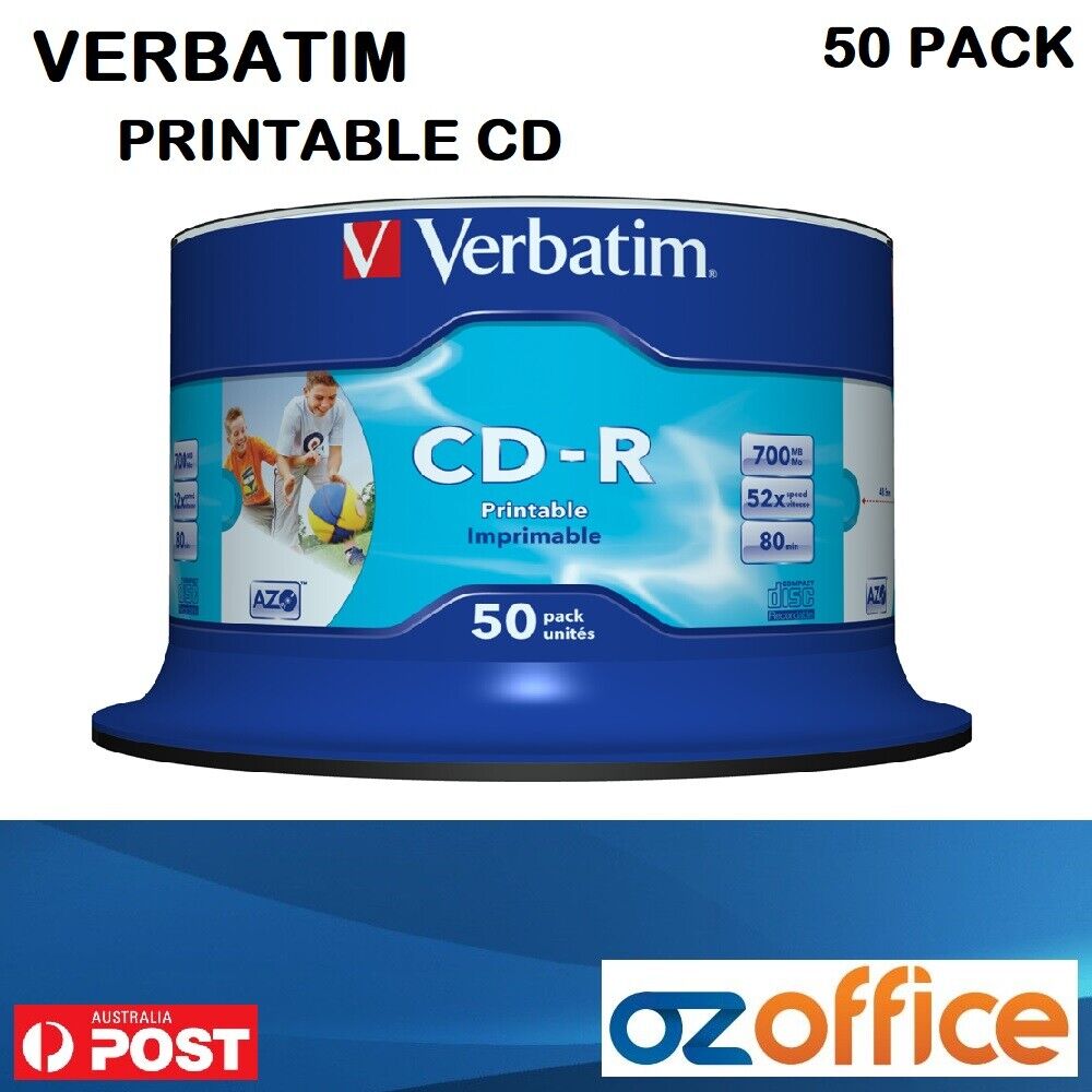 50 x Verbatim Printable CD 52X 700MB 80Min CD-R White Inkjet Printable #41908