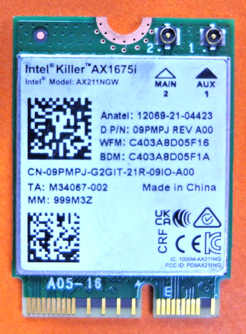 Alienware m18 R1 Intel Killer AX1675i M.2 Wireless Card Dell 9PMPJ