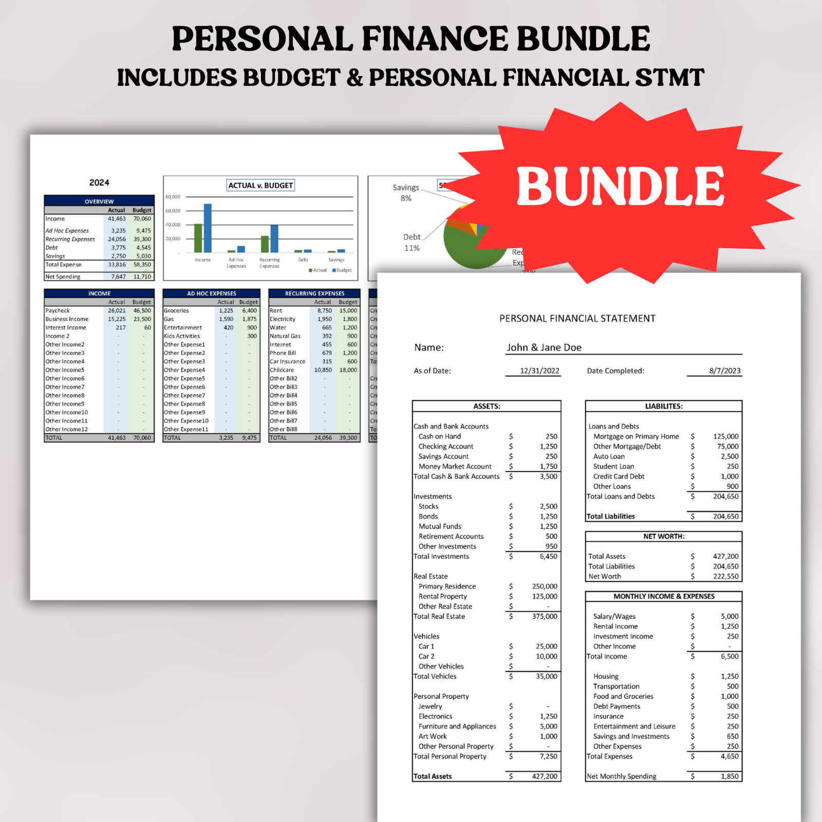 BUNDLE Personal Financial Statement with Excel Budget Template | Budget Tracker