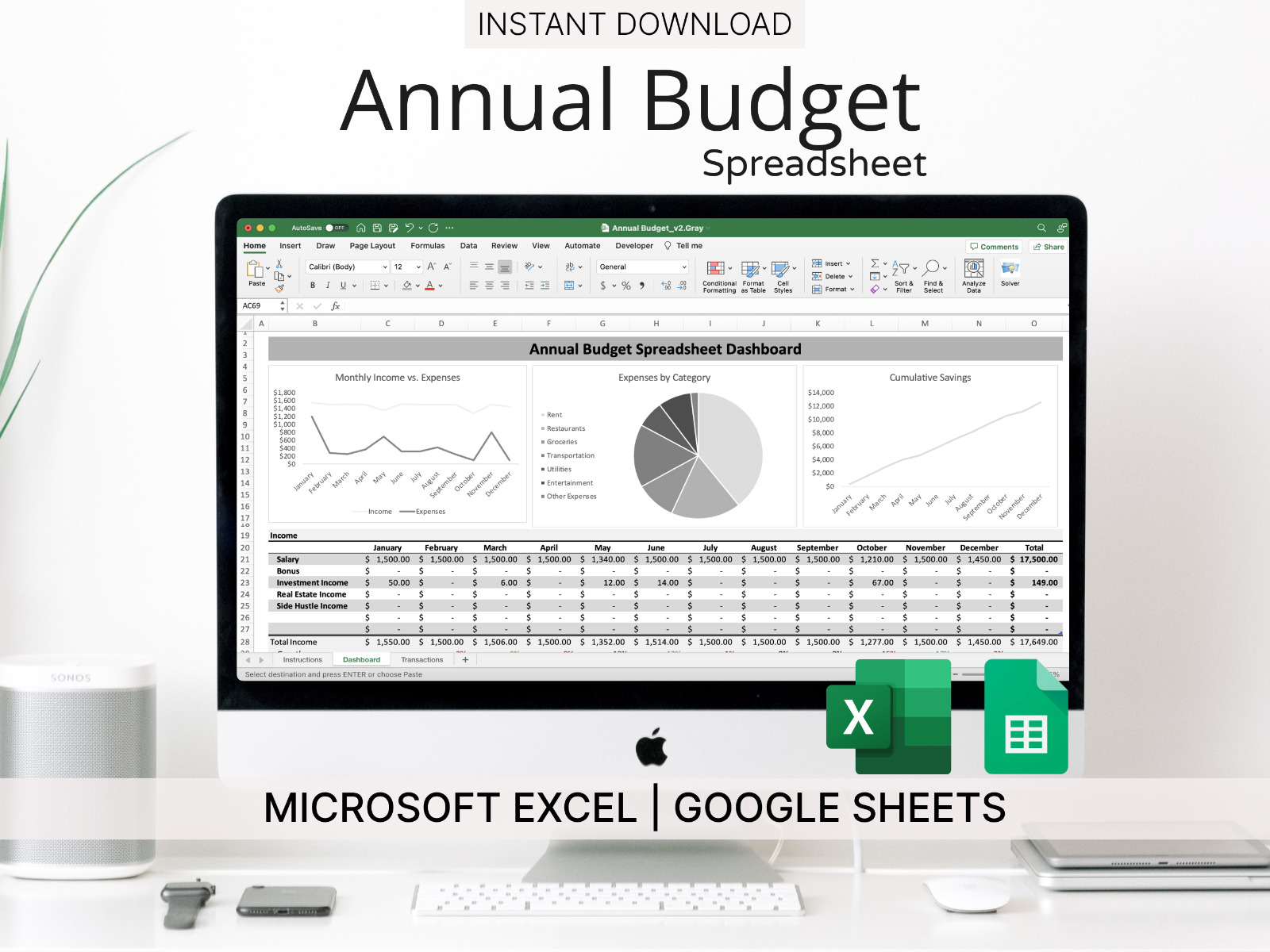 Budget Spreadsheet for Microsoft Excel & Google Sheets (Gray) - Track Finances