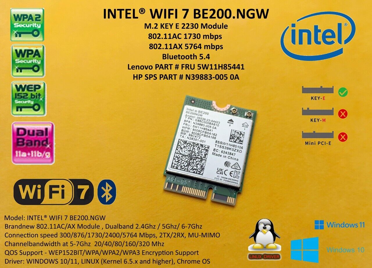 Intel Wireless WIFI 7 BE200.NGW NGFF M.2 KEY E 5800Mbps Bluetooth 5.4 802.11BE