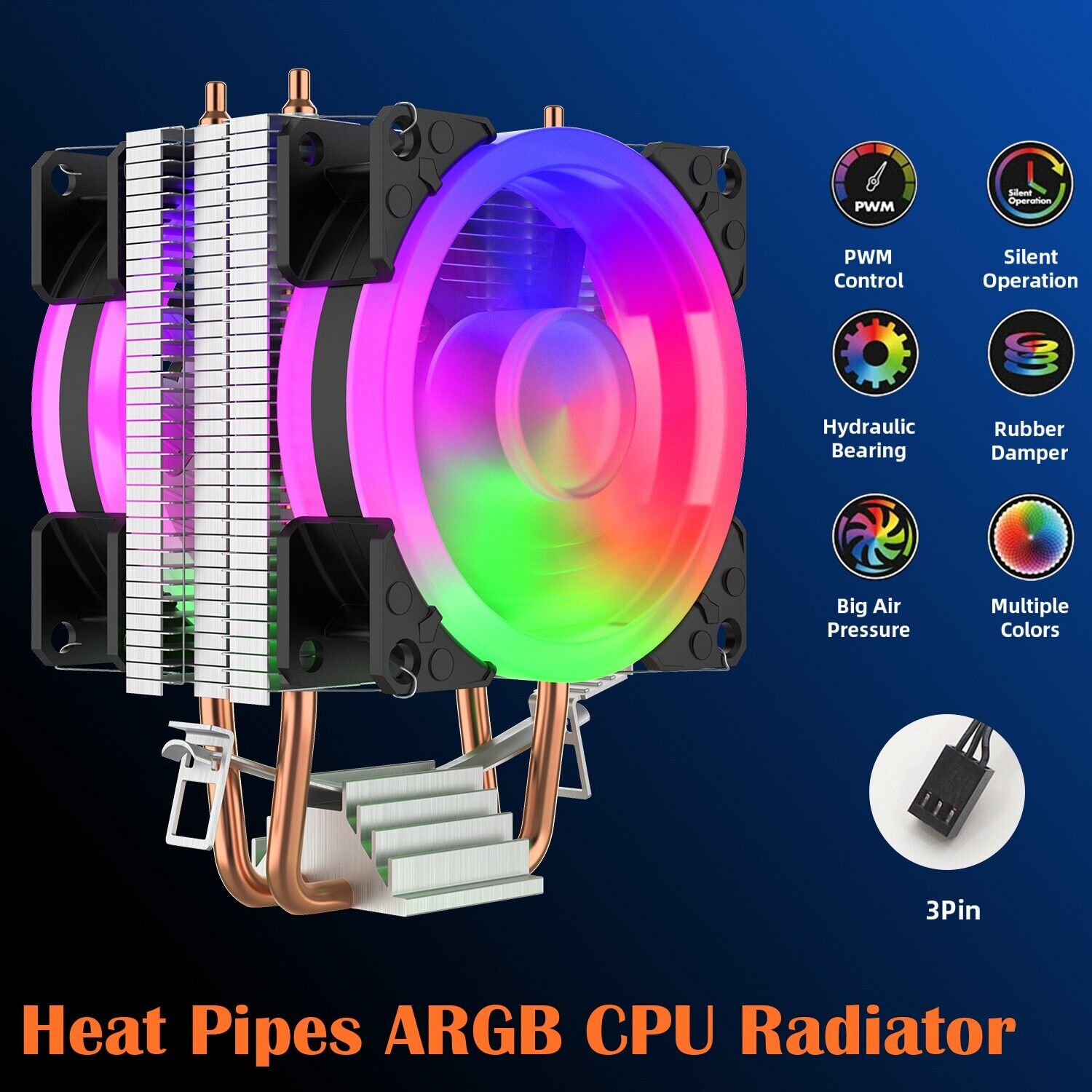 CPU Cooler Heatsink Fan Air RGB Radiator  Heatpipes LED For intel LGA AMD
