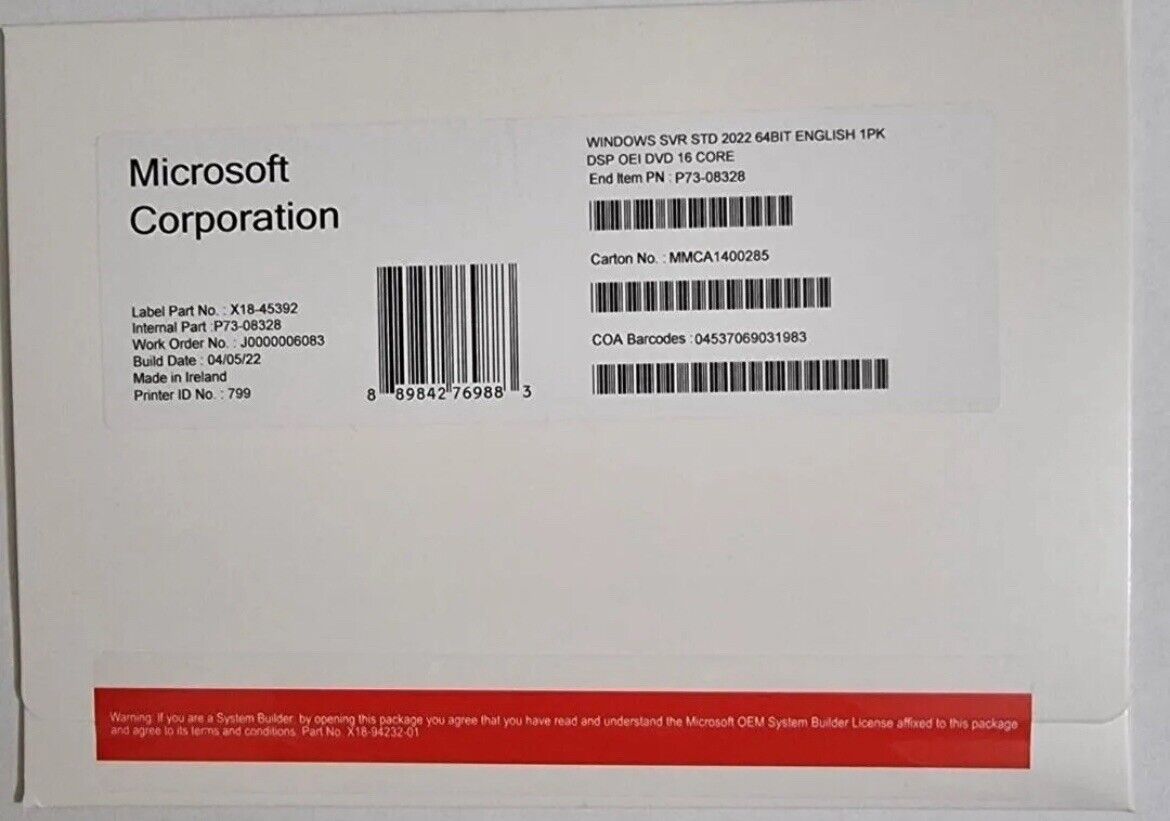 Microsoft Windows Server 2022 Standard 16 core DVD Brand New Factory sealed