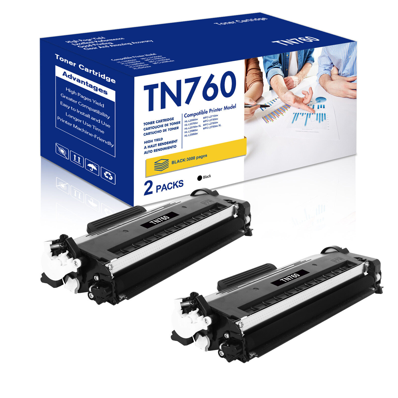 2PK TN760 Toner Cartridge For Brother MFC-L2710DW HL-L2390DW L2750DW MFC-L2710DW
