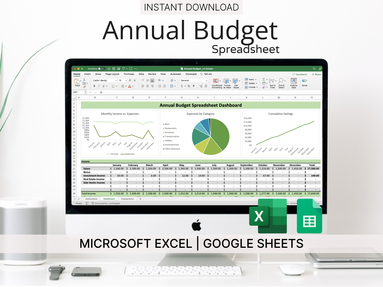 Budget Spreadsheet for Microsoft Excel & Google Sheets (Green) - Track Finances