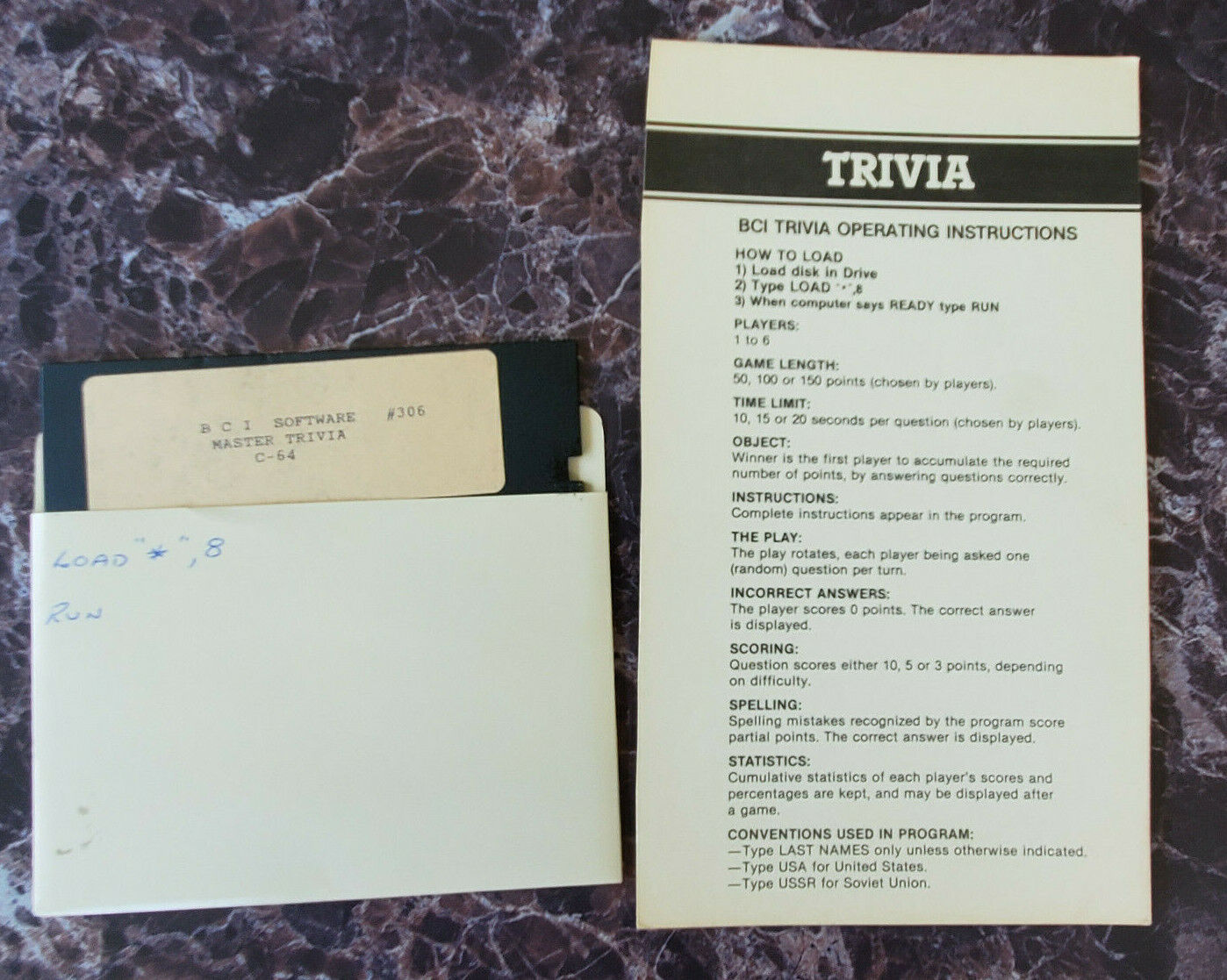 Vtg BCI T306 BCI Trivia Commodore 64 Computer Game Floppy Disk & Manual TESTED