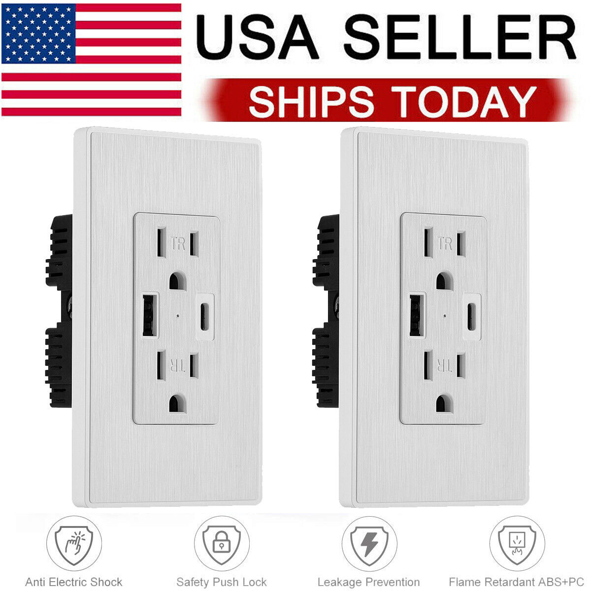 Dual USB Type-C/A Wall Outlet Charger Tamper Resistant 15A Electrical Receptacle