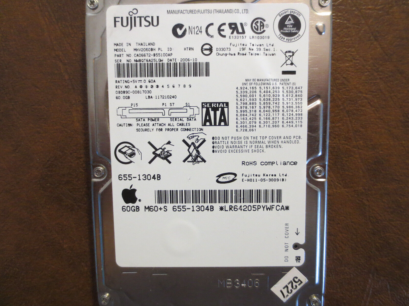 Fujitsu MHV2060BH PL (CA06672-B55100AP) 0BDB9C-00817030 Apple#655-1304B Sata HDD