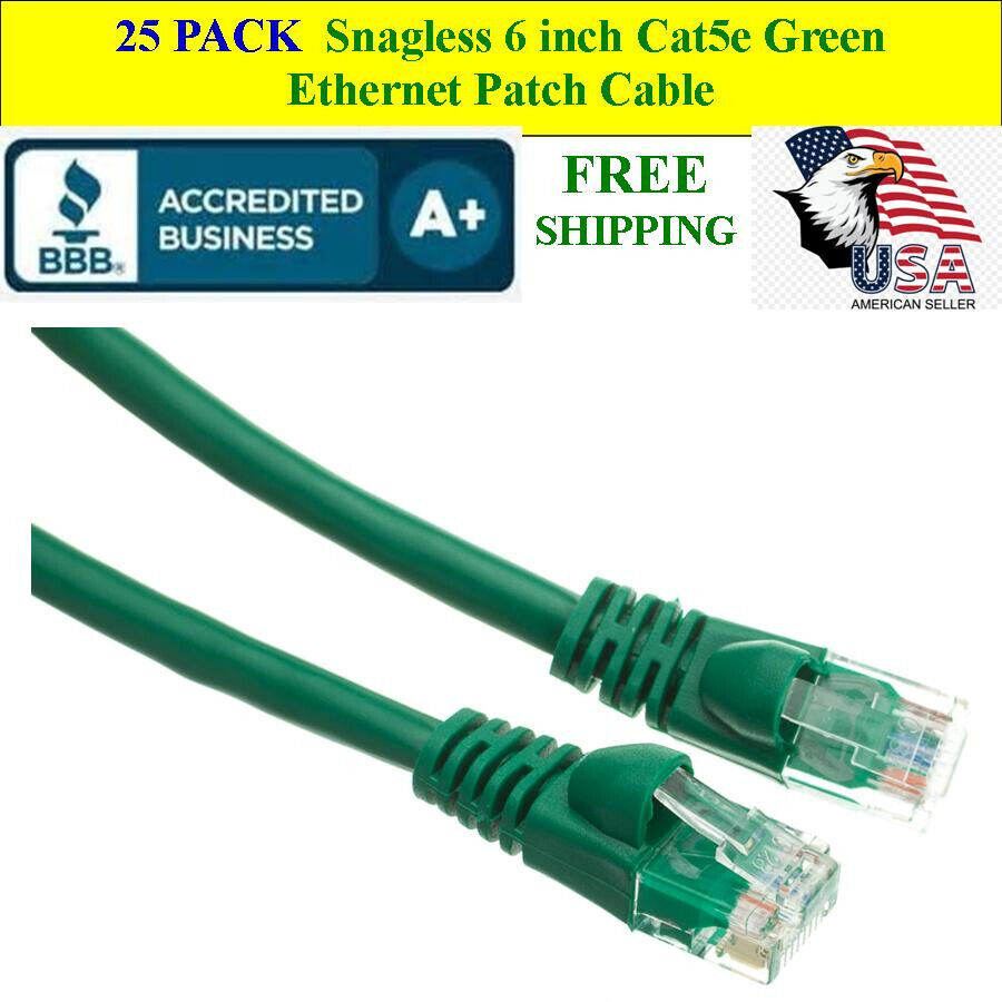 25 PACK 6 In Cat5e Green Network Ethernet Patch Cable Computer LAN 1 Gbps 350MHz