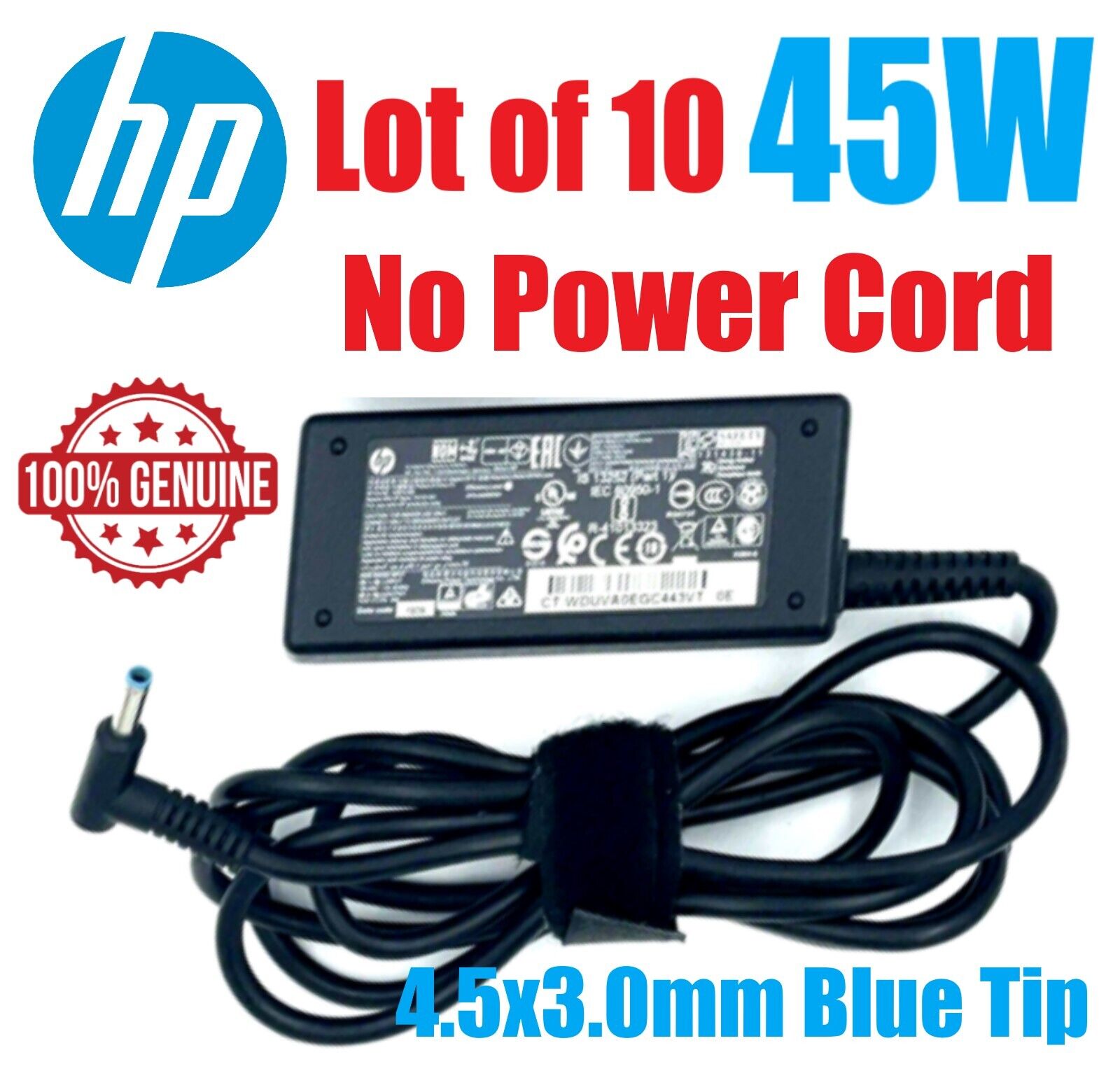 LOT of 10 OEM HP Laptop AC Adapter Charger 741727-001 45W Blue Tip No Power Cord