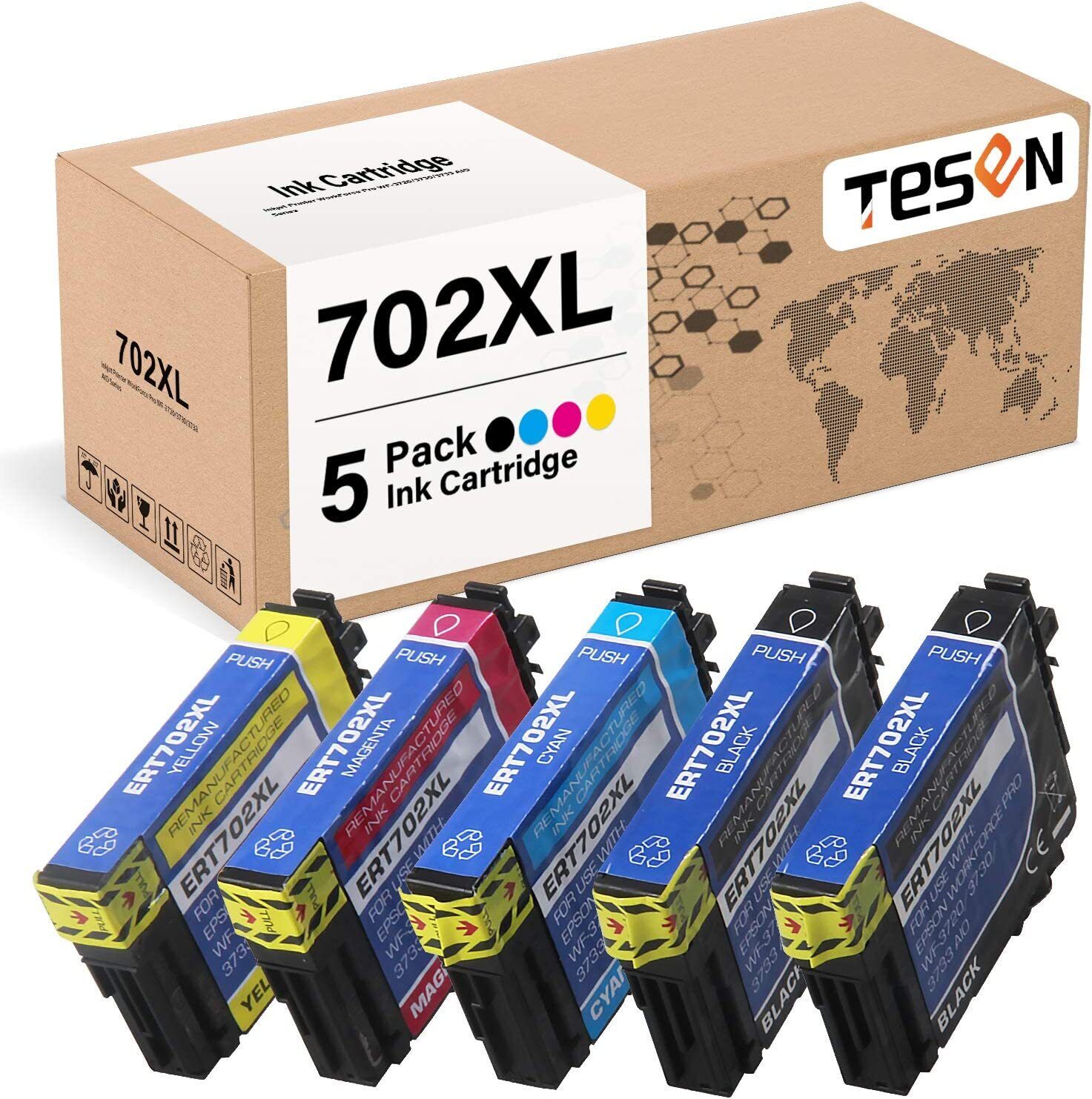5PK T702XL Compatible Ink Cartridges for Epson WorkForce WF-3720 WF-3730 WF-3733