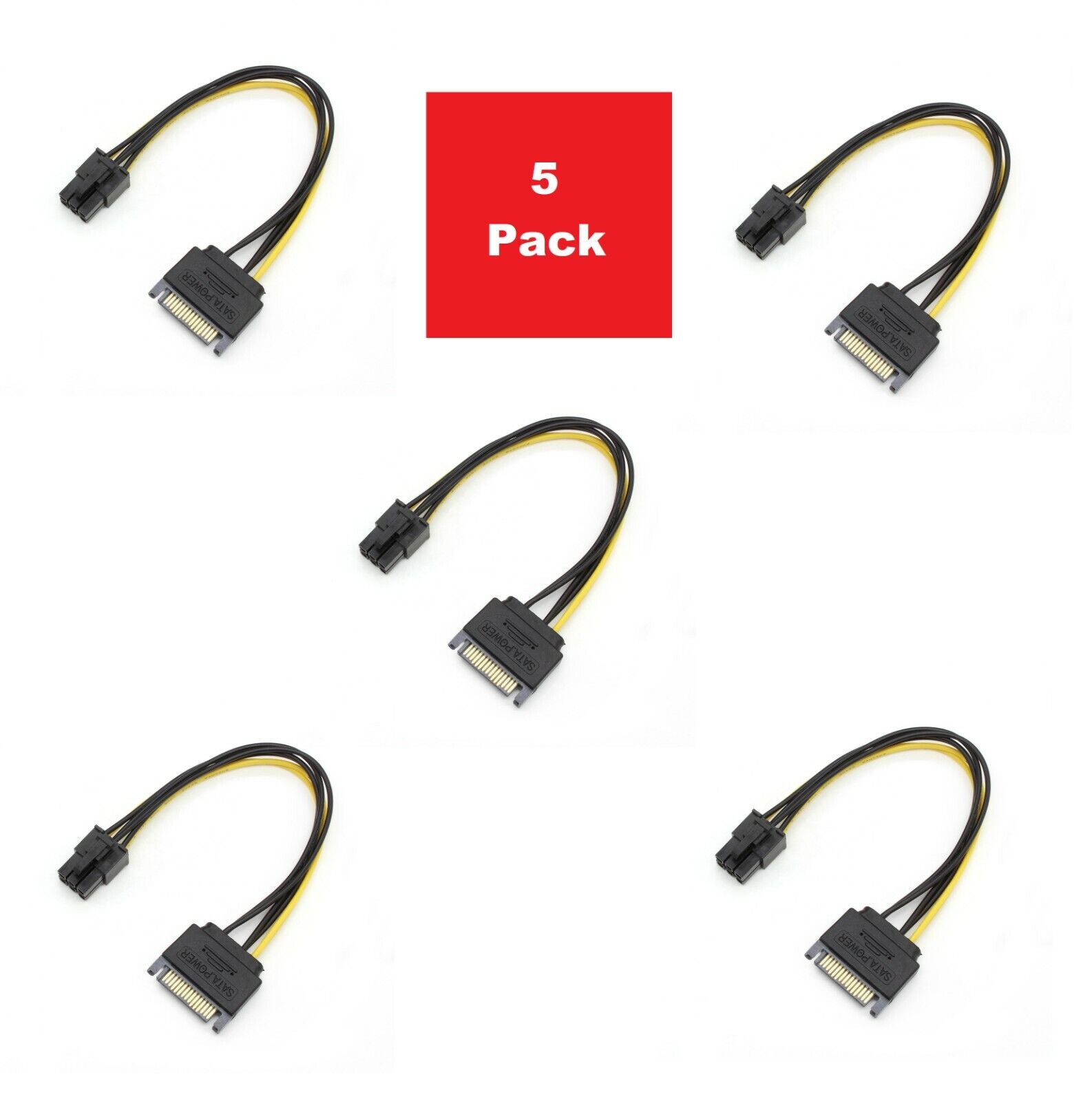 5 Pack - 15pin SATA Power to 6pin PCIe PCI-e PCI Express Adapter Cable for GPU