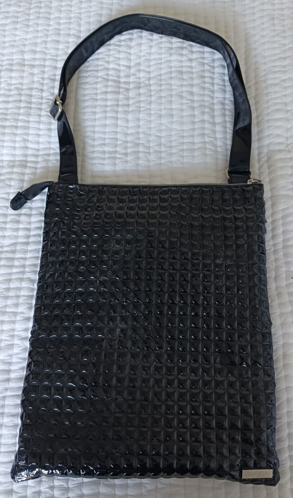 DiVOGA Black Shiny Vegan Leather Laptop/Tablet Shoulder Bag with Purple Lining