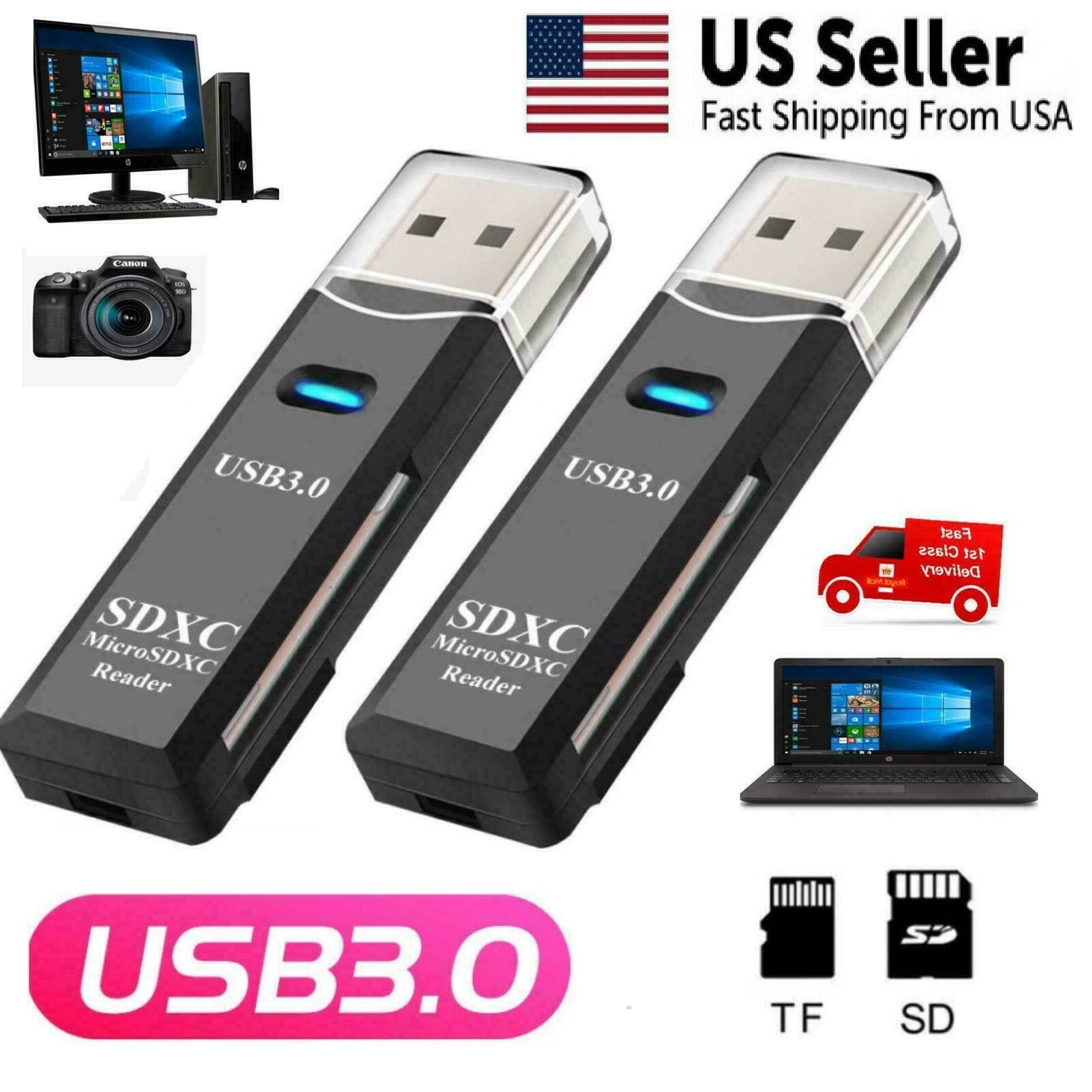 2Pcs USB 3.0 2 in 1 HighSpeed Memory Card Reader Adapter for Micro SD SDXC TF US