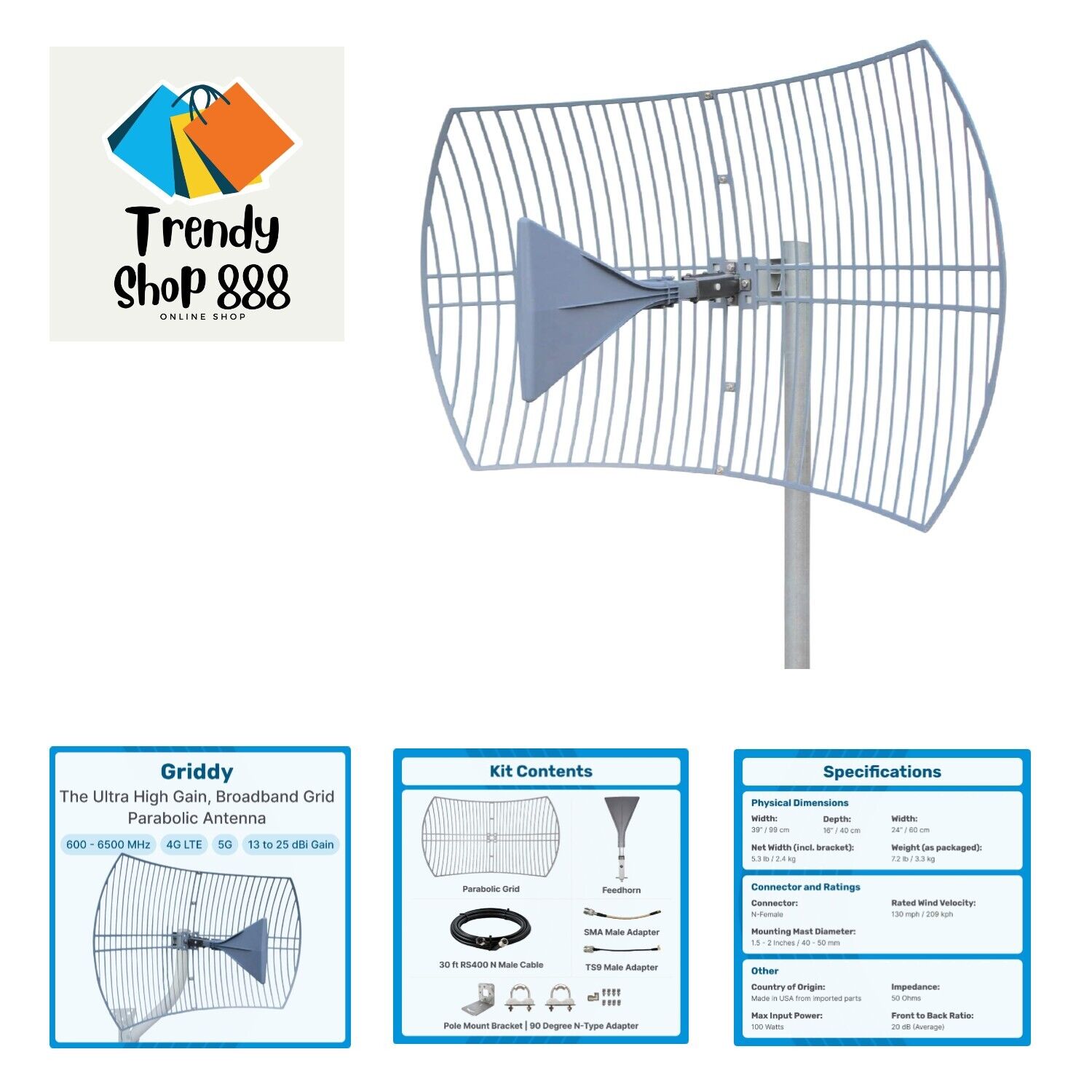 Griddy: Grid Parabolic Antenna Kit for 4G LTE, 5G NR, and WiFi | 40 km Range ...