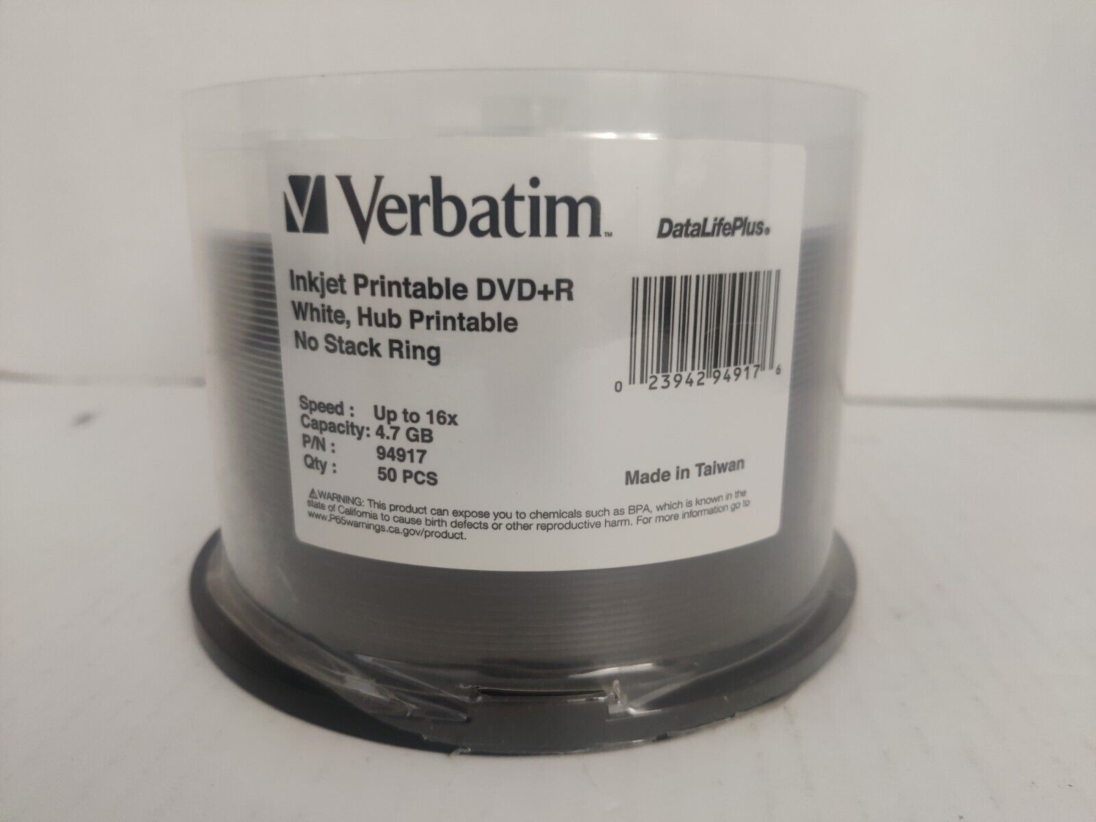 Verbatim DVD+R 4.7GB 16X DataLifePlus White Inkjet Printable - New & Sealed