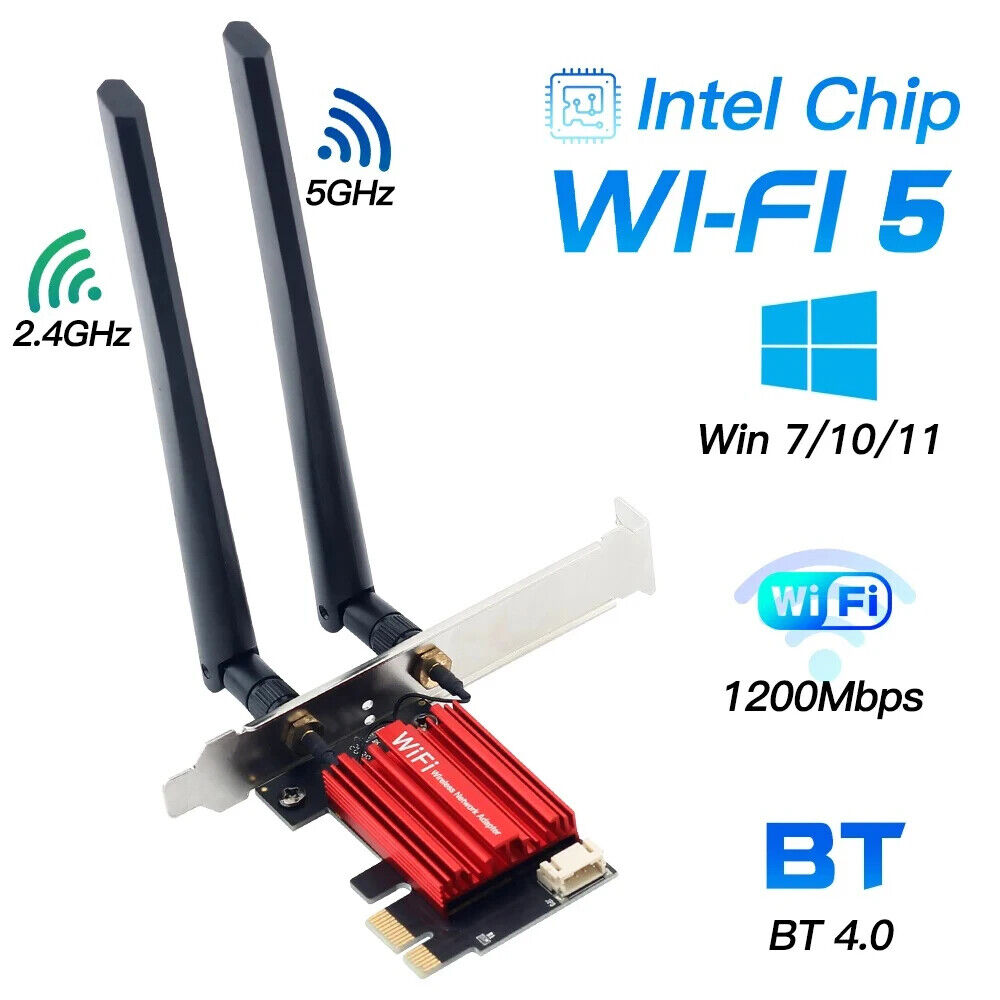 WiFi 5 PCI-E Wireless Adapter AC1200 For Bluetooth 4.0 Desktop Windows 7/8/10/11
