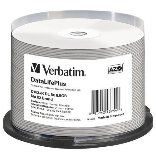 NEW Verbatim 43754 DVD+R DL 8.5GB 8X DataLifePlus White Thermal Printable Hub -