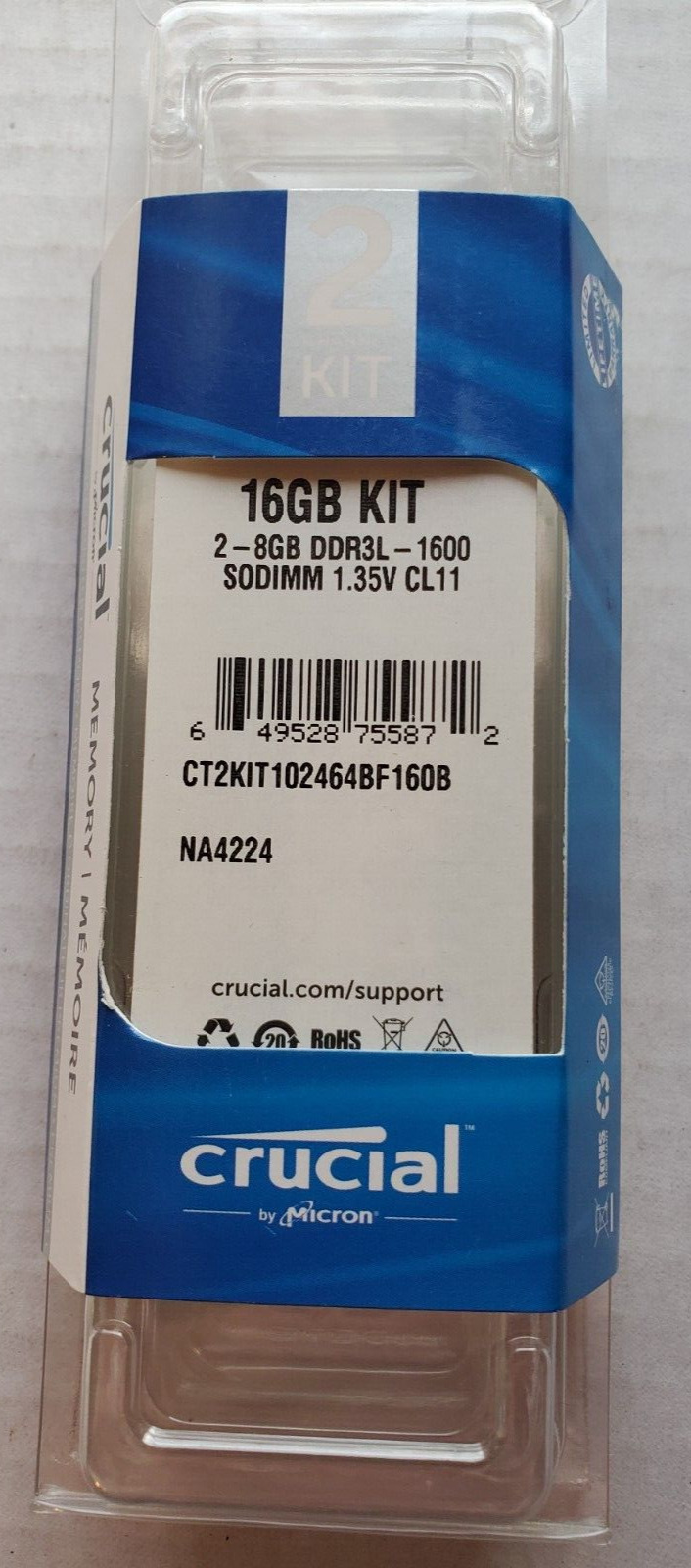 Crucial 16GB kit- 8GB 2Rx8 PC3L-12800 DDR3L-1600Mhz 1.35V SODIMM Memory Notebook