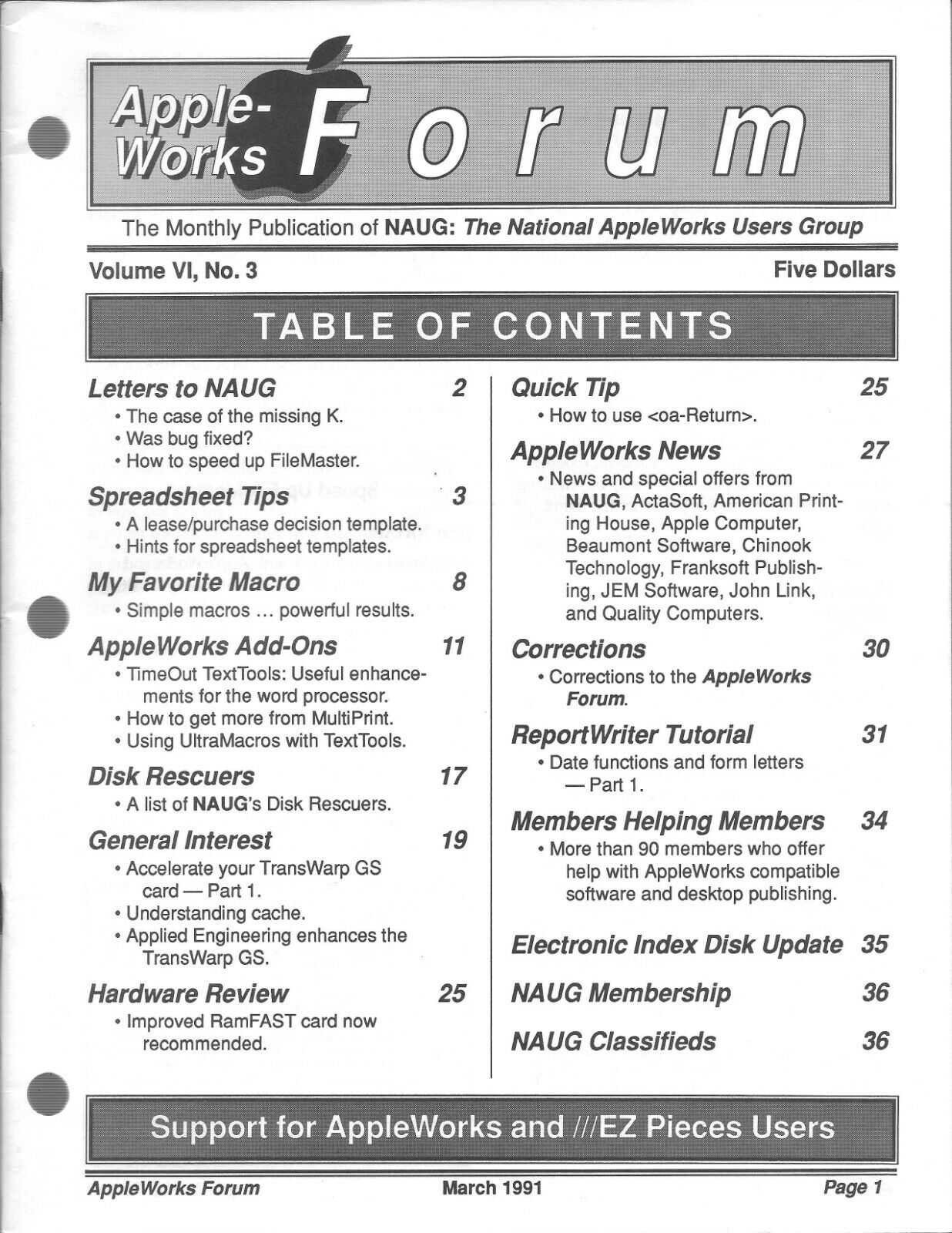 AppleWorks Forum Magazine, March 1991 for Apple II II+ IIe IIc IIgs