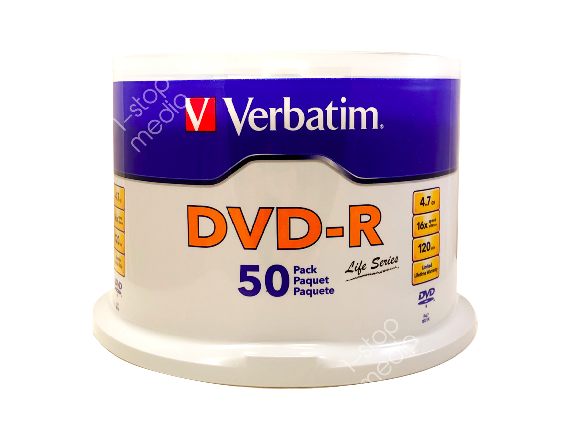 50-pk Verbatim DVD-R Life Series - Logo-Branded, 16x, 4.7GB, 120 mins #97176