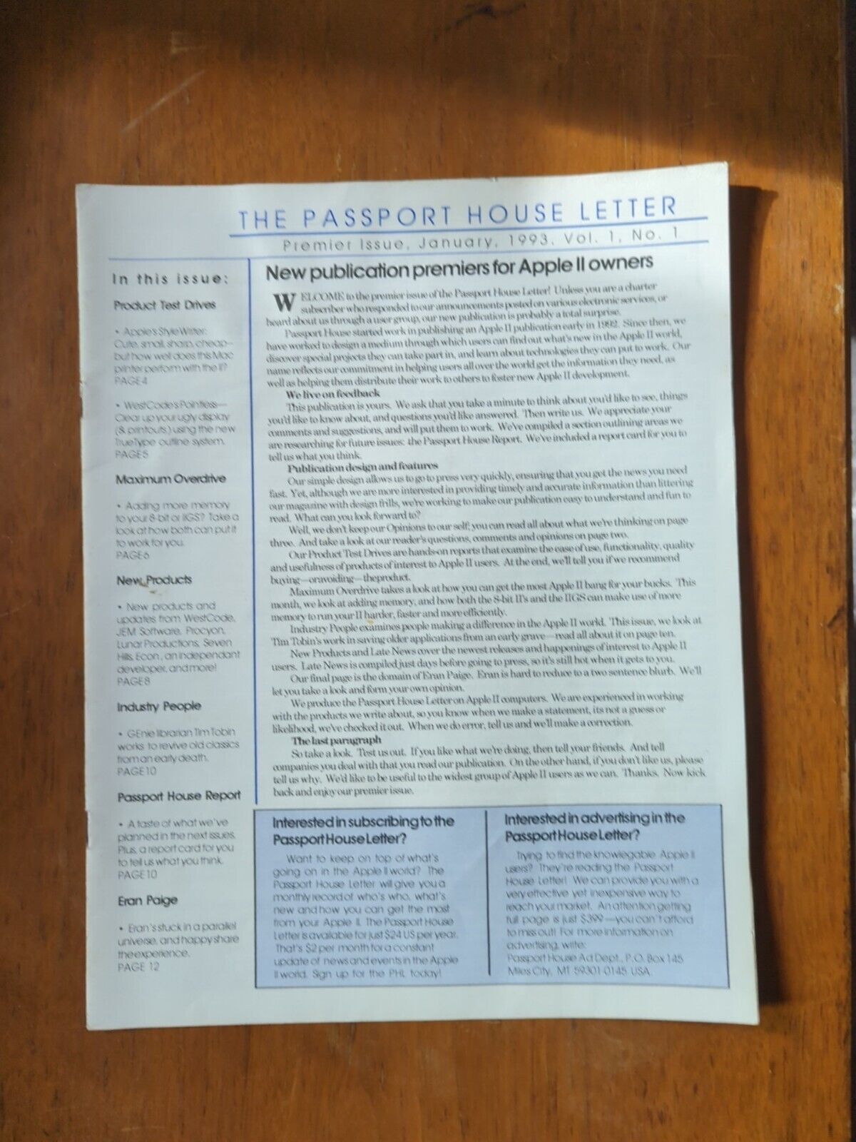 The Passport House Letter Premier Issue January 1993 - Apple 2