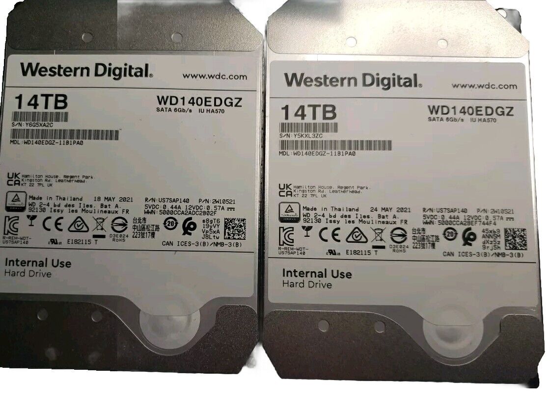 Lot of 2 Western Digital 14TB Hard Drive 5400 RPM  WD140EDFZ Enterprise HDD NAS