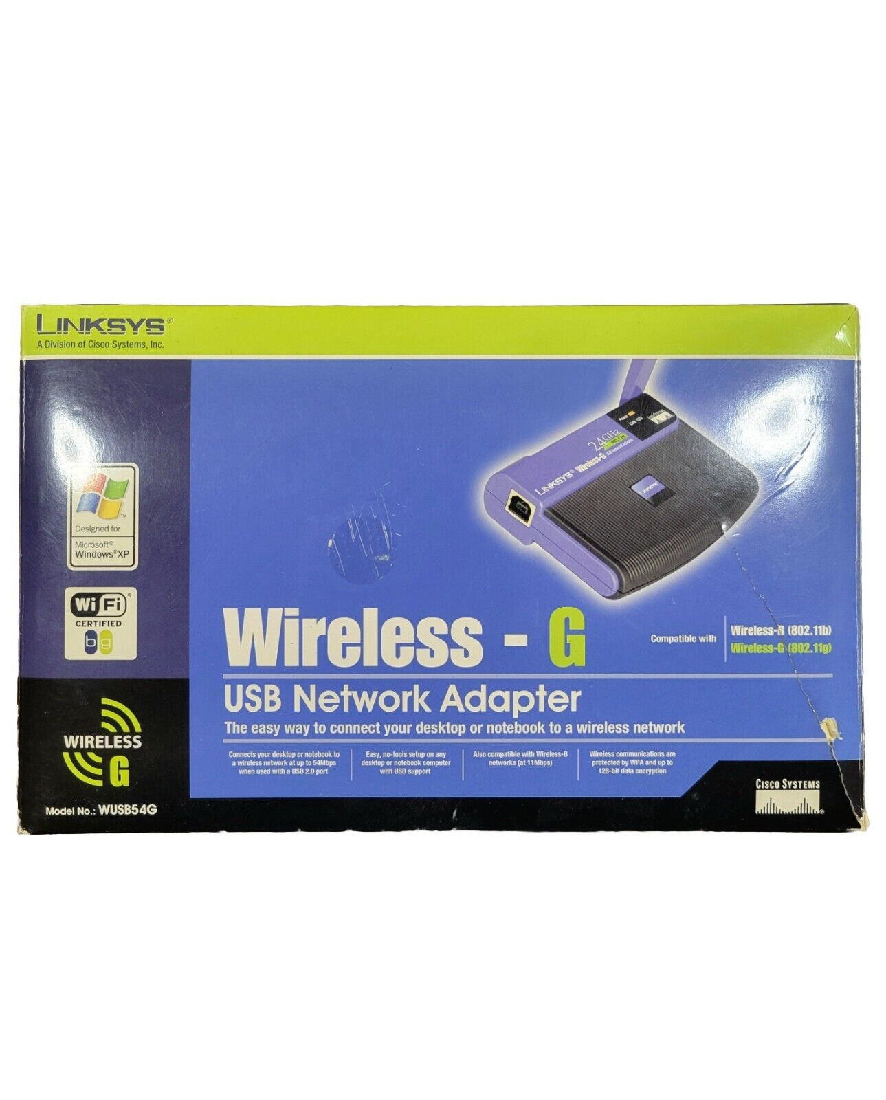 LINKSYS WUSB54G Wireless-G USB Network Adapter, Open Damaged Outter Box, New 