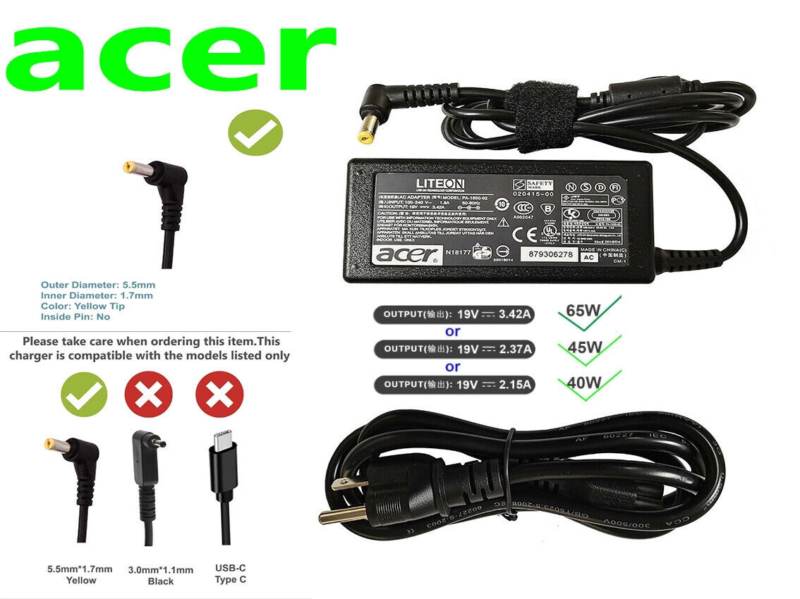 New Acer A13-040N3A Acer A11-065N1A A065R035L A065R078L AC Charger Adapter 65W