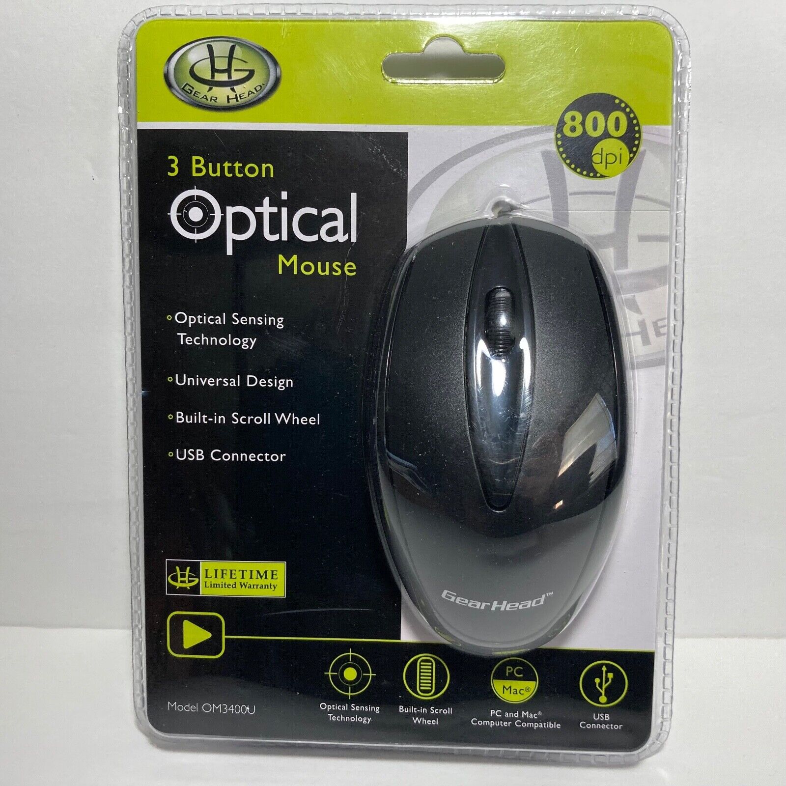 Gear Head OM3400U 3 Button Optical Standard USB Wired Mouse NEW Sealed