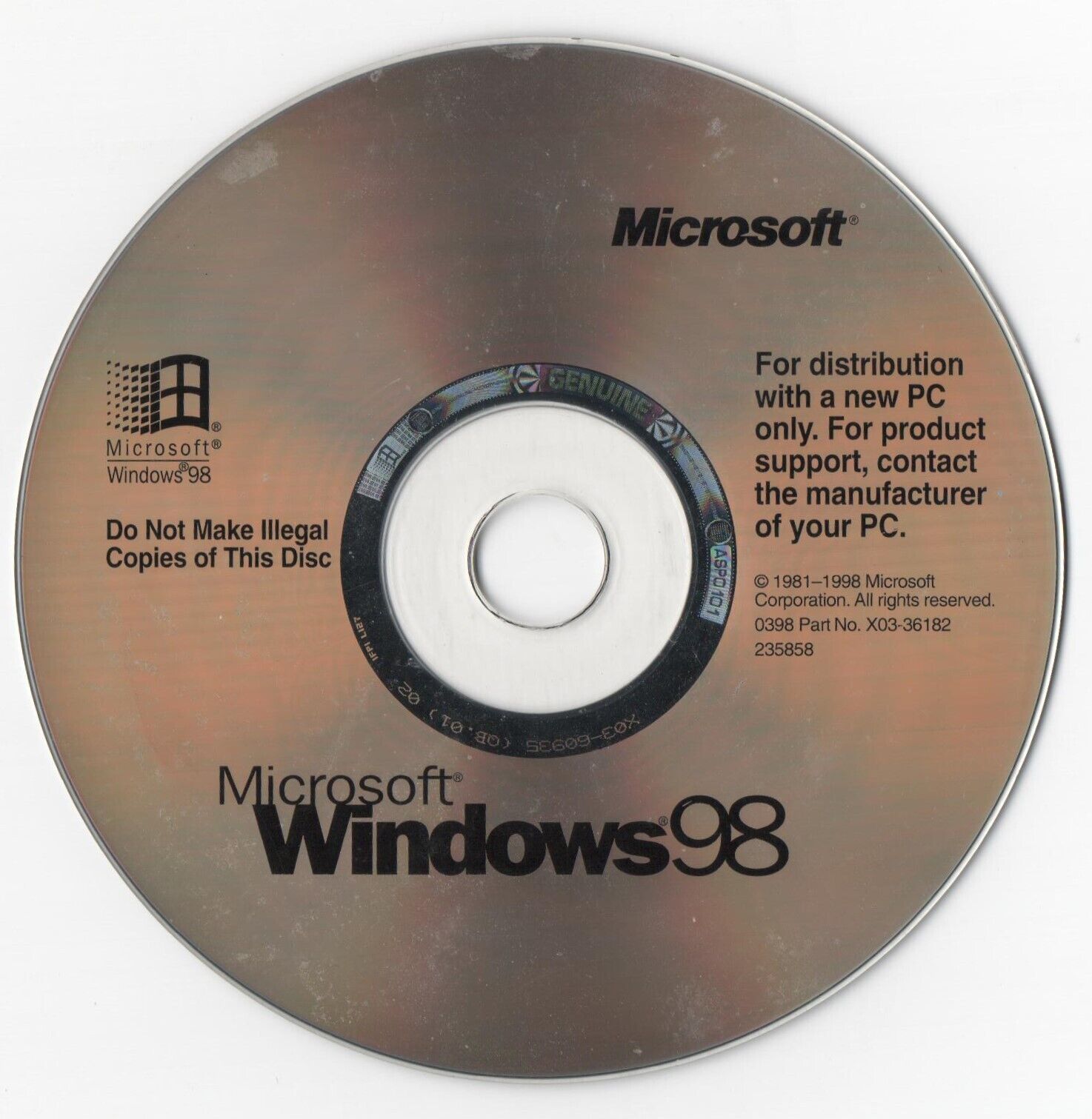 Microsoft Windows 98 Operating System Install Disc PC CD ROM