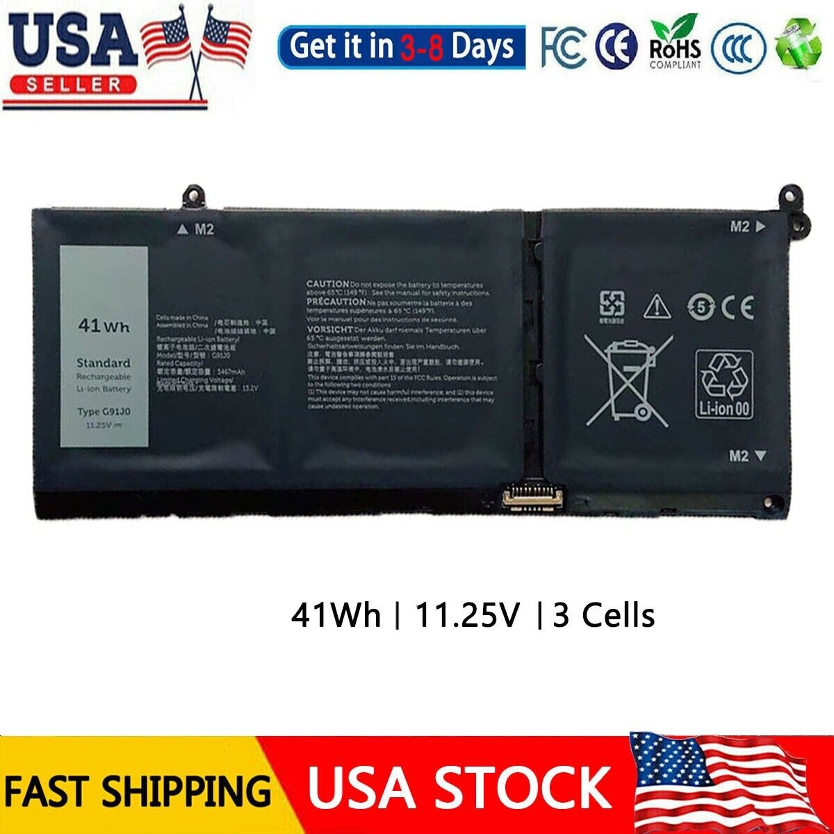 G91J0 41Wh Battery For Dell Latitude 3320 3420 3520 Inspiron 5310 5410 5415 5418
