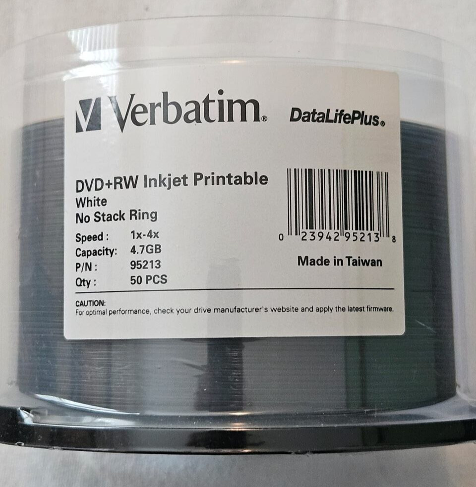VERBATIM CORPORATION 95213 50PK DVD+RW 4X 4.7GB WHITE DATALIFEPLUS INKJET HUB PR