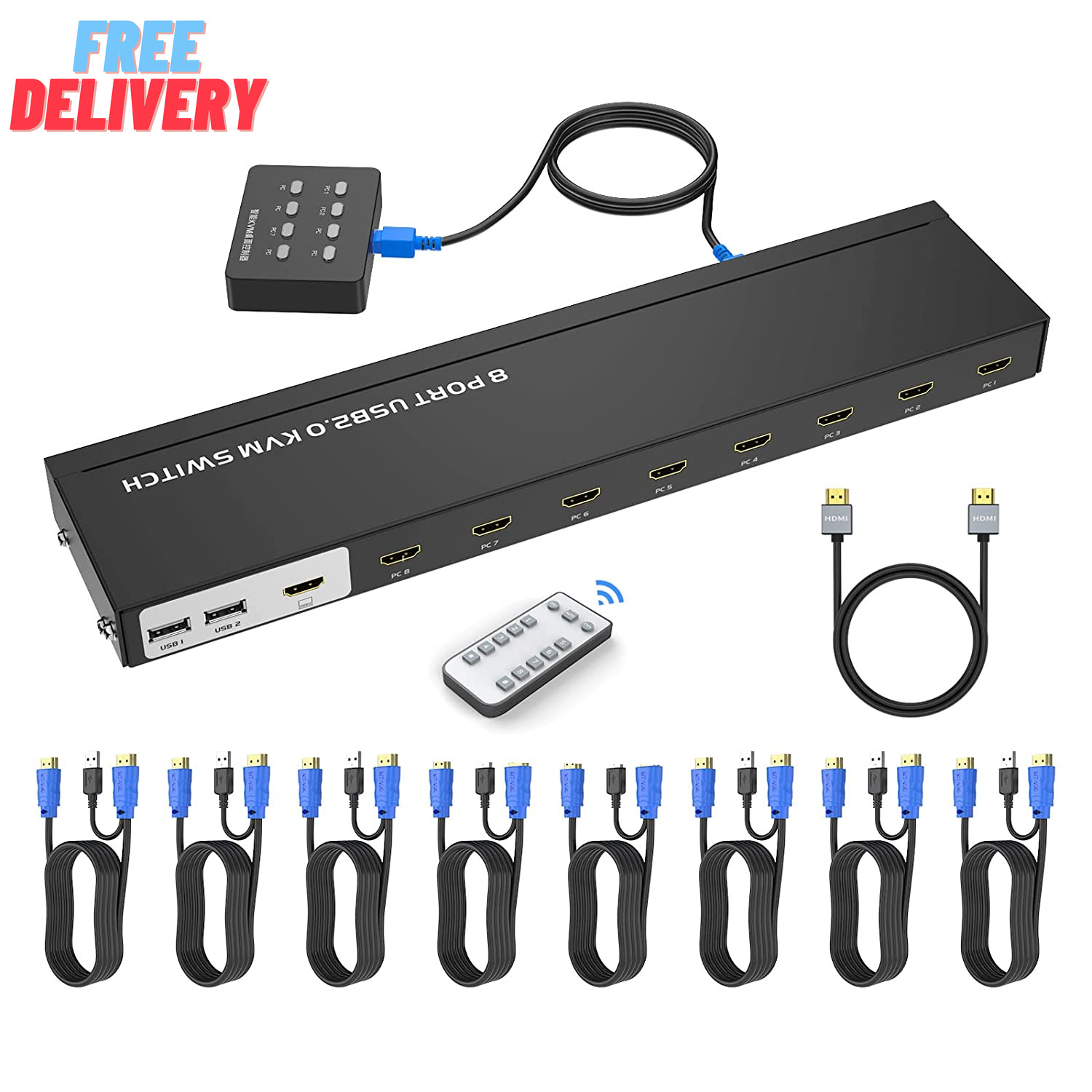 KVM Switch HDMI 8 Port,  4K@30Hz USB HDMI Rack KVM Console 8 in 1 Out W/9Pack Ca