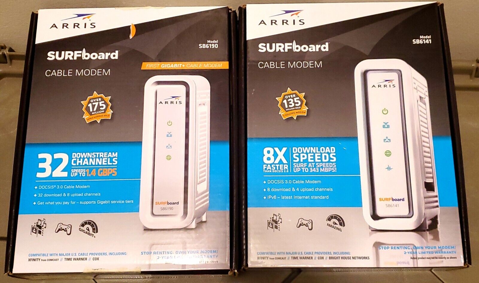 Lot Of 2 Arris Surfboard Cable Modems In Original Boxes, No Power Supply