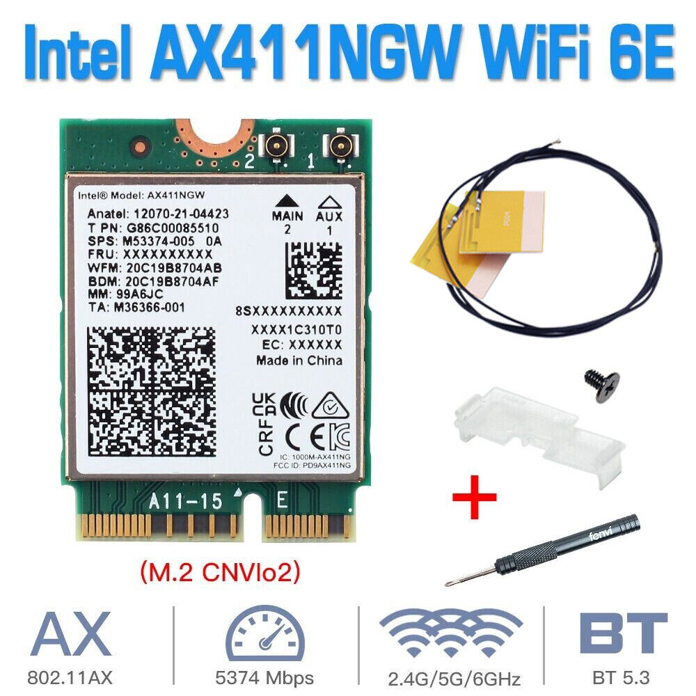 Intel AX411NGW WiFi 6E M.2 CNVIO2 Bluetooth 5.3 Network Card With WiFi Antennas
