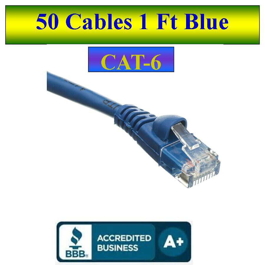 Pack of 50 Cables Snagless 1 Ft Cat6 Blue Network Ethernet Patch Cable