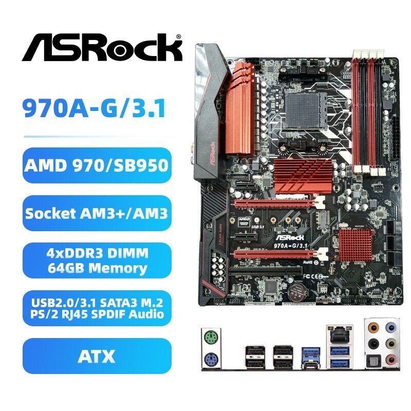 ASRock 970A-G/3.1 Motherboard ATX AMD 970/SB950 AM3+/AM3 DDR3 SATA3 M.2 SPDIF