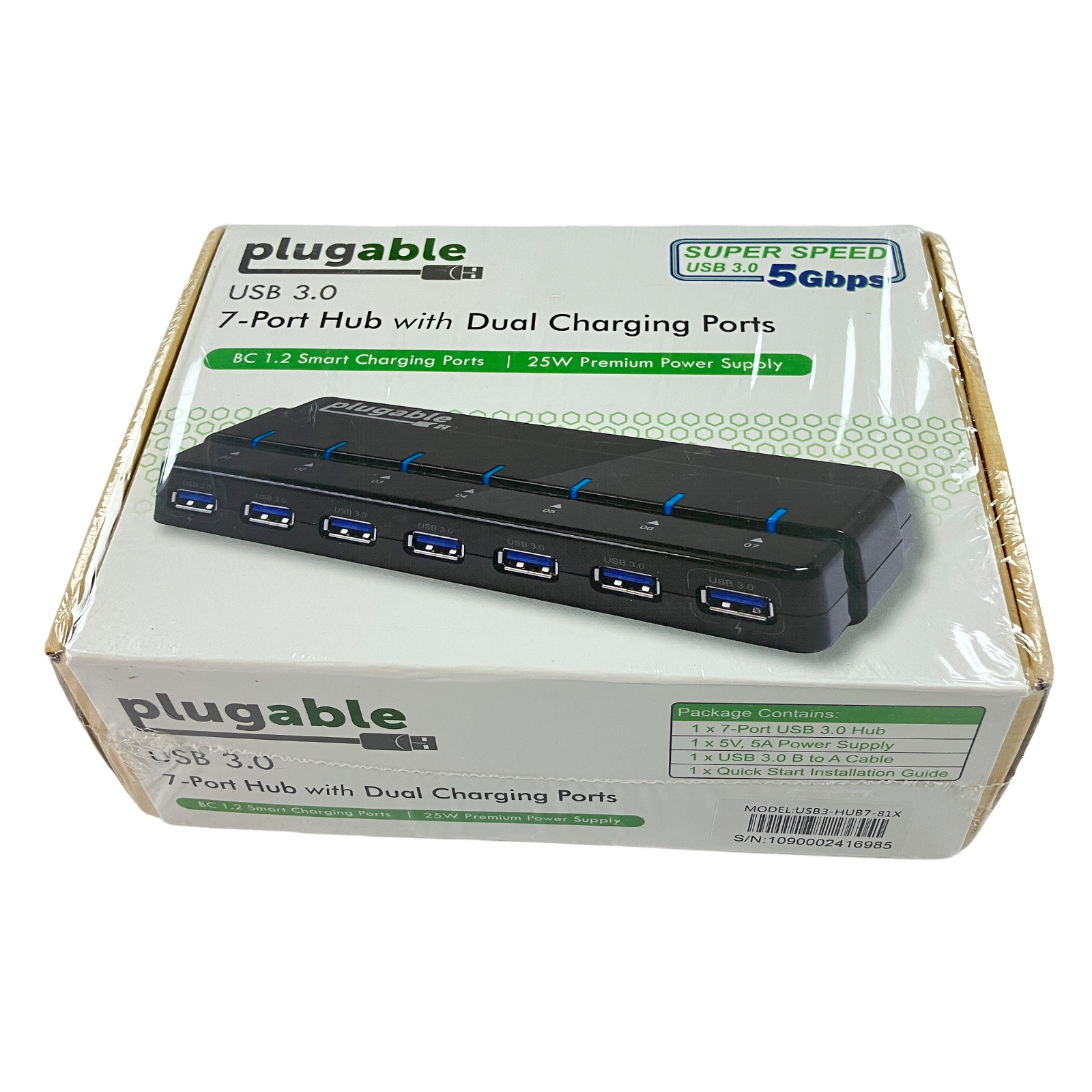 Plugable 7 Port USB 3.0 Hub with Dual Charging Ports SUPER SPEED 5 Gbps New