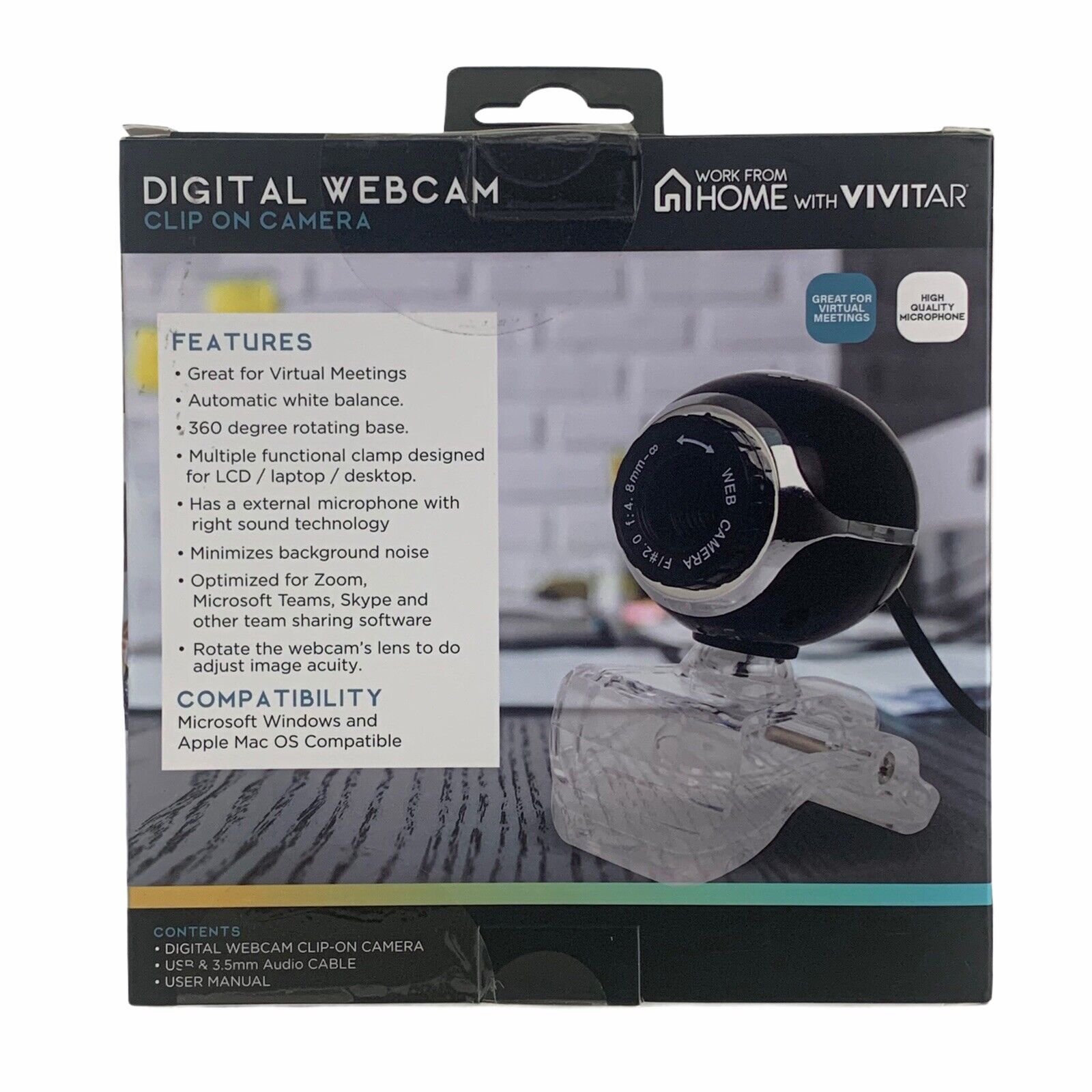 Vivitar Digital Webcam VWC101-BLK Clip On Camera Microsoft Apple Compatible NEW