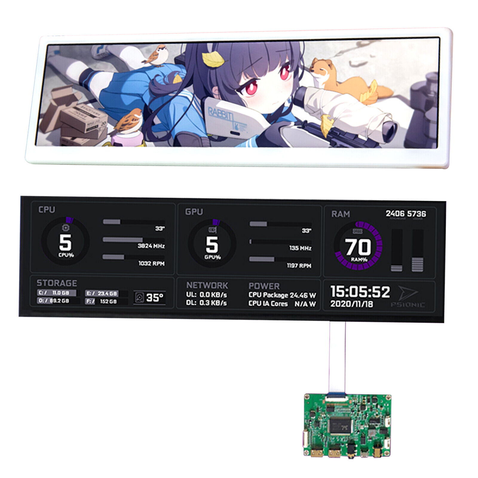 12.6 inch LCD 1x For Computer Screen PC Case DIY Hyte Y60 Aida64 CPU GPU Monitor