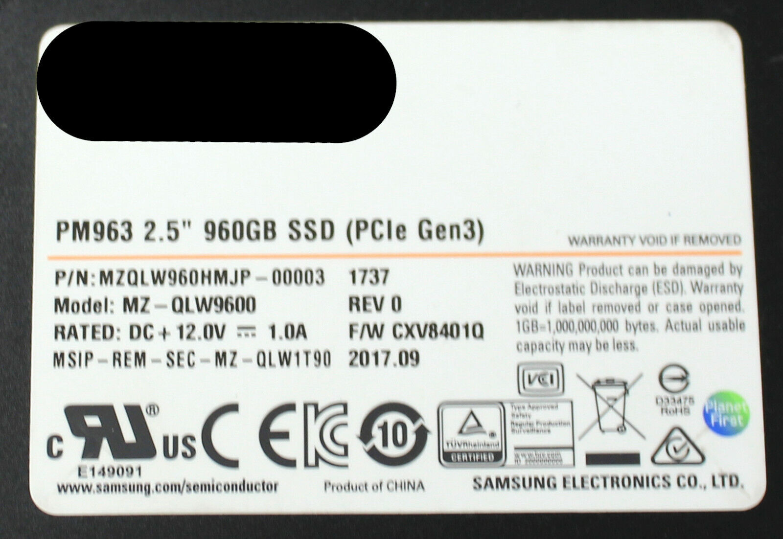 MZ-QLW9600 MZQLW960HMJP-00003 Samsung 960GB PM963 U.2 NVMe PCIe 2.5