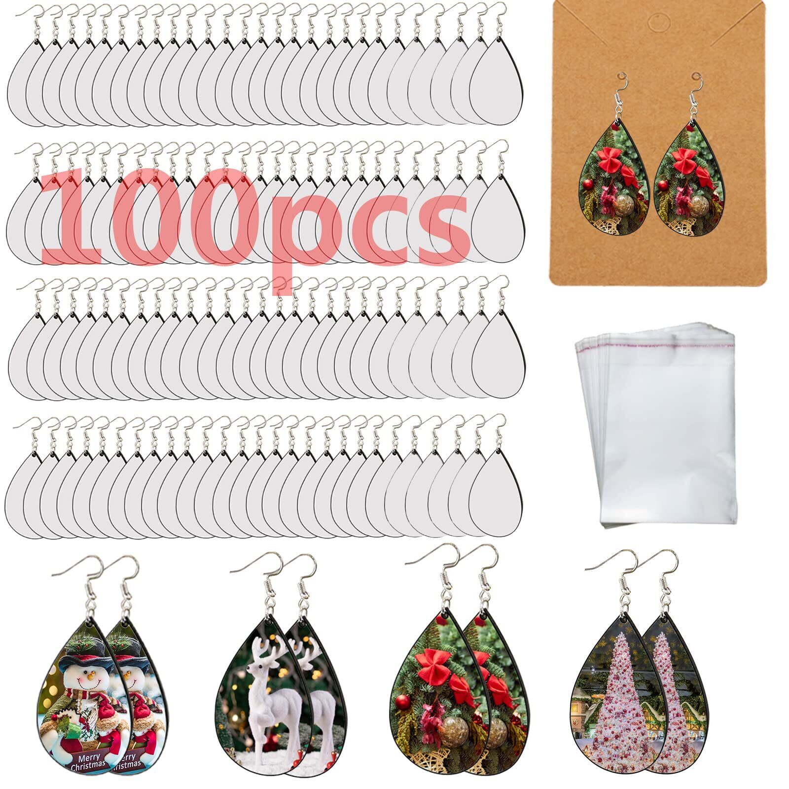 100 pcs Double-Sided Sublimation Earring Blanks Bulk with Hooks & Rings