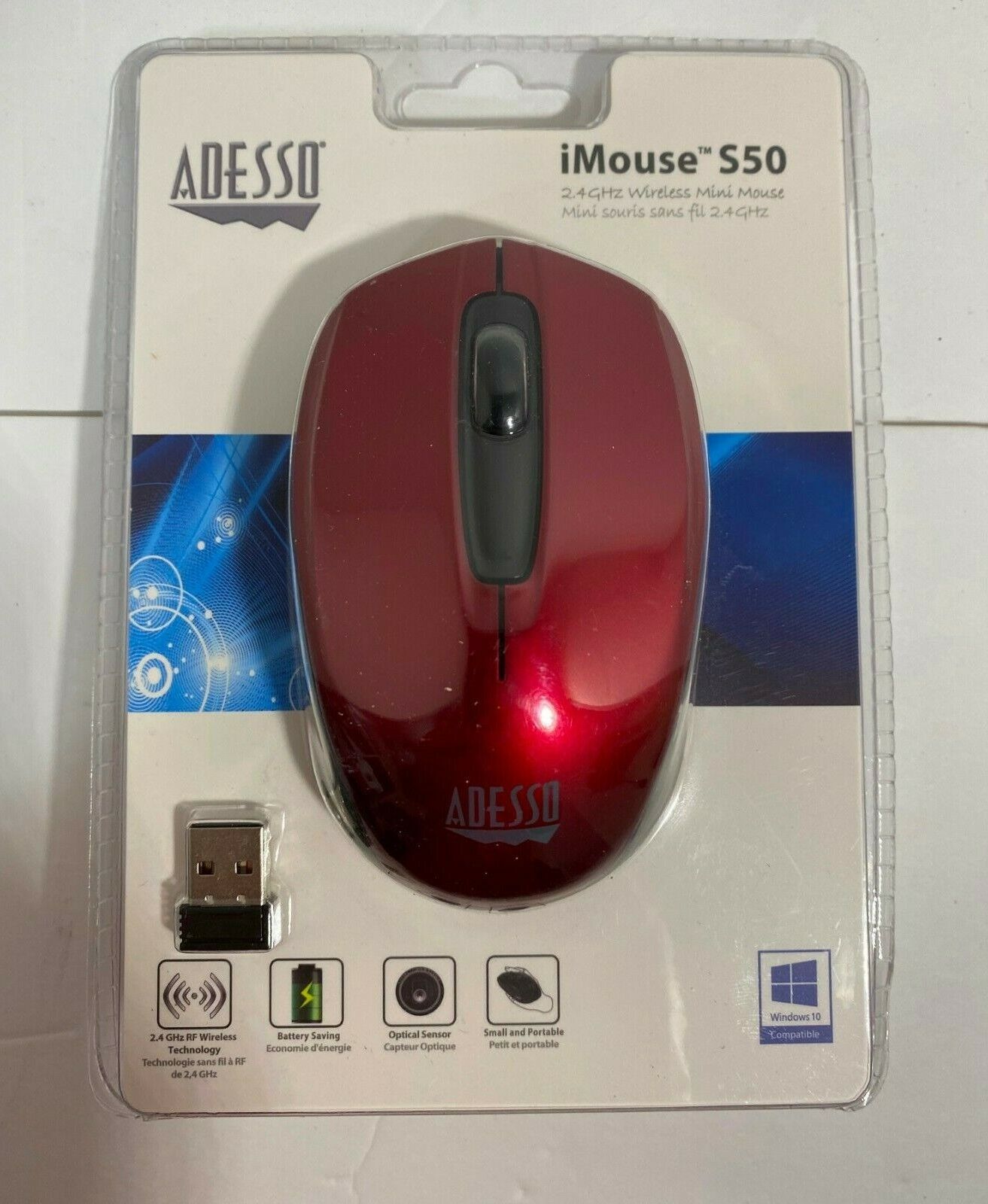  Adesso iMouse S50 2.4 GHz Wireless Optical Mini Mouse Metallic Red. New