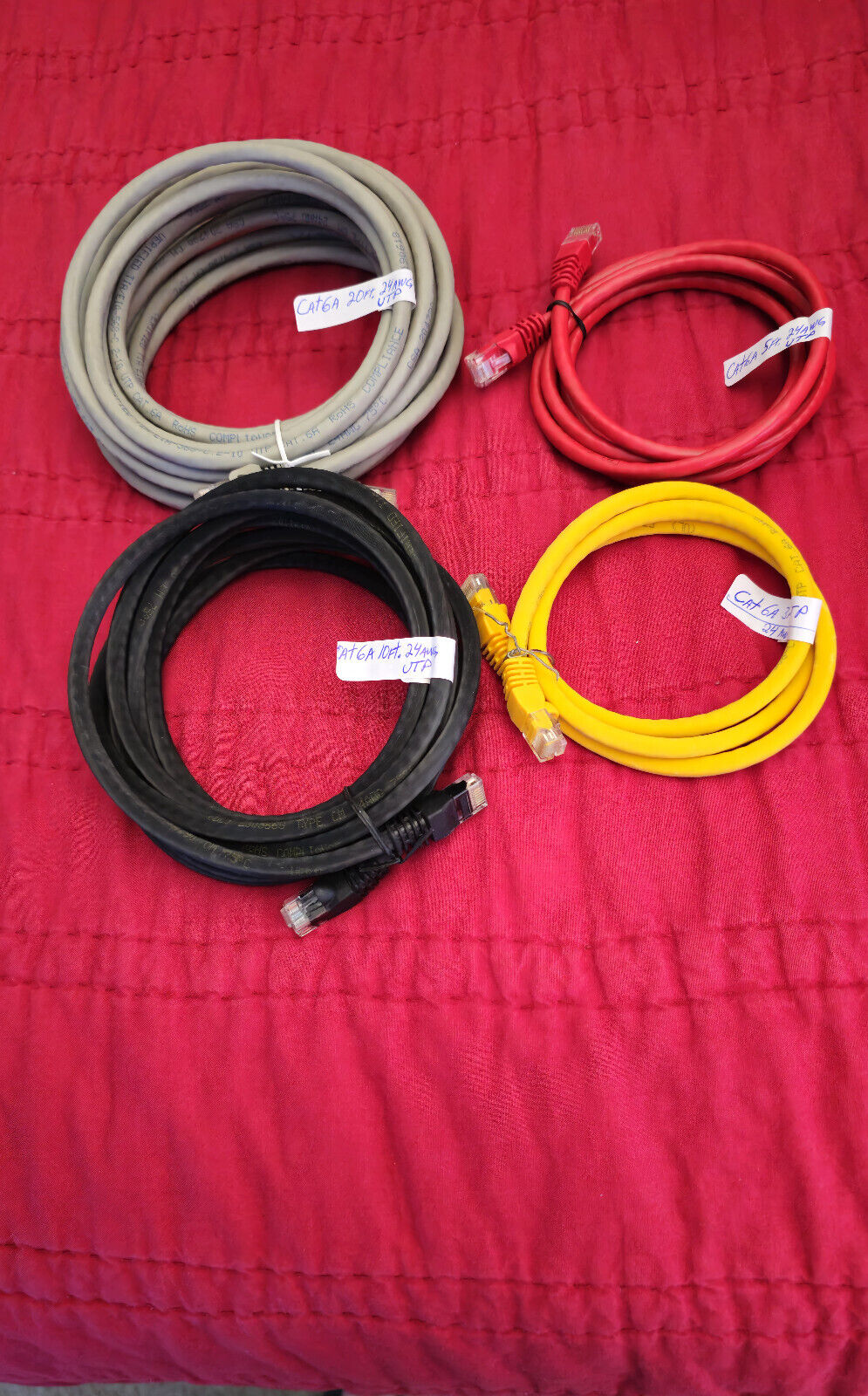 CAT6A UTP Patch Cable 24 AWG Ethernet RJ45 Network UL Verified Qty. 4 Cables.